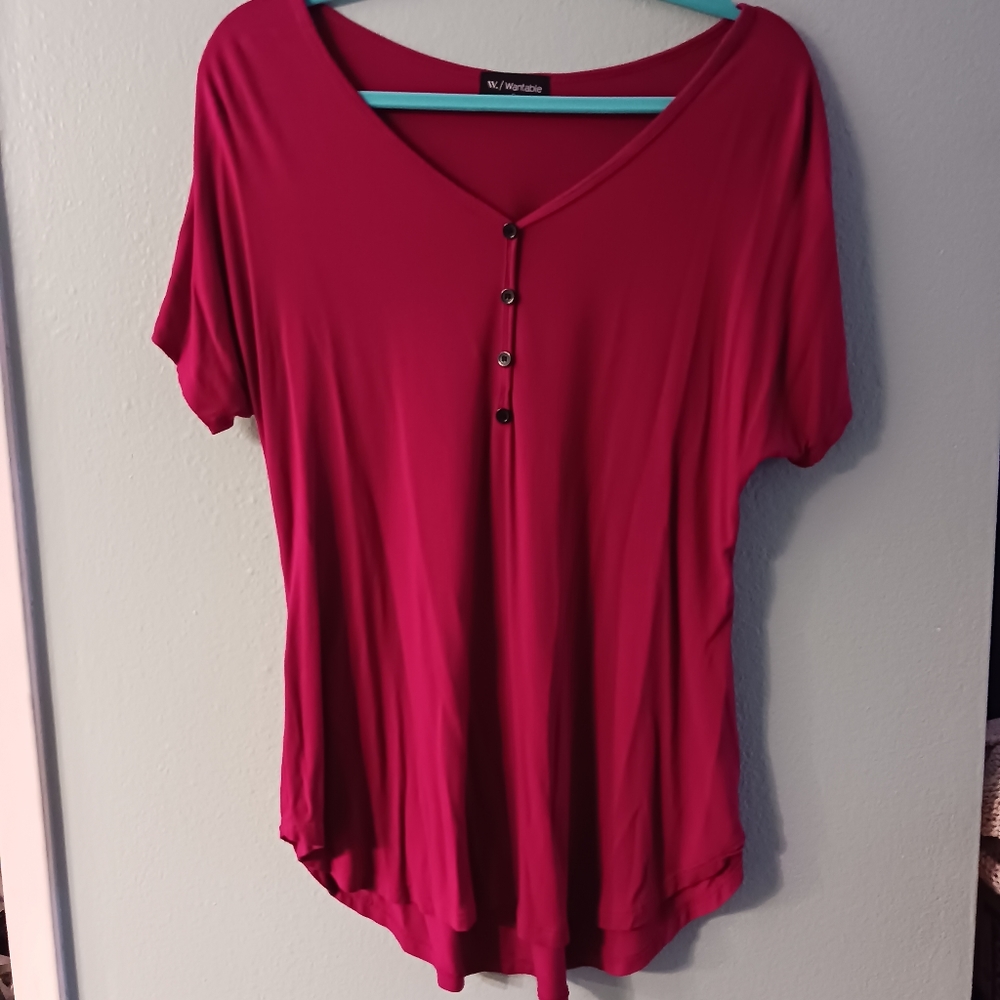 Long Cranberry Red Button Front Top | Size S